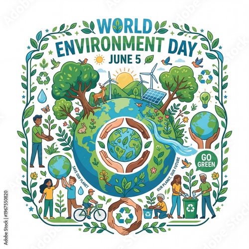 Detailed hand-drawn doodle illustration for World Environment Day June 5th with Earth, animals, and ecology typography.