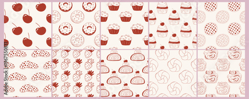 Set of seamless vector patterns with pastries fruits and berries, donuts, muffins, oatmeal cookies, strudel, bagel simit. Minimalist red line style on beige, for bakery, textile, food packaging