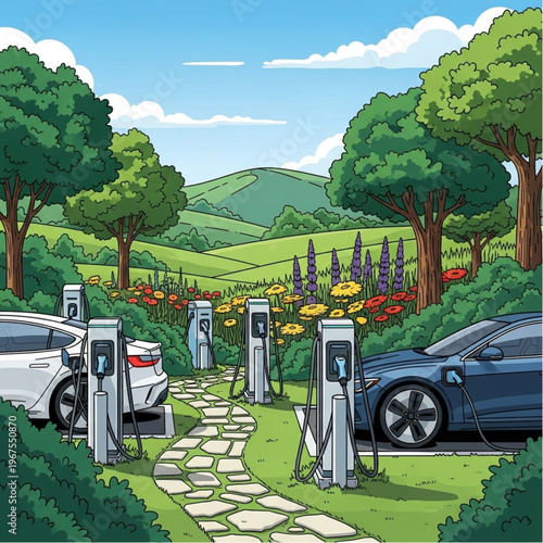 Electric Cars Charging at Outdoor Station.