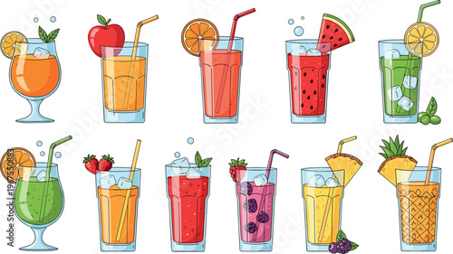 Fruit Juices and Cocktails Vector Set with Orange, Watermelon, Lemon, and Pineapple Drinks