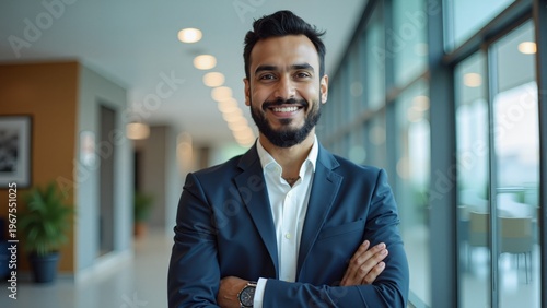 Portrait of businessman with arms crossed, asian man smiling and looking at camera, man working inside modern office building. Arabic style. Muslim businessman.
