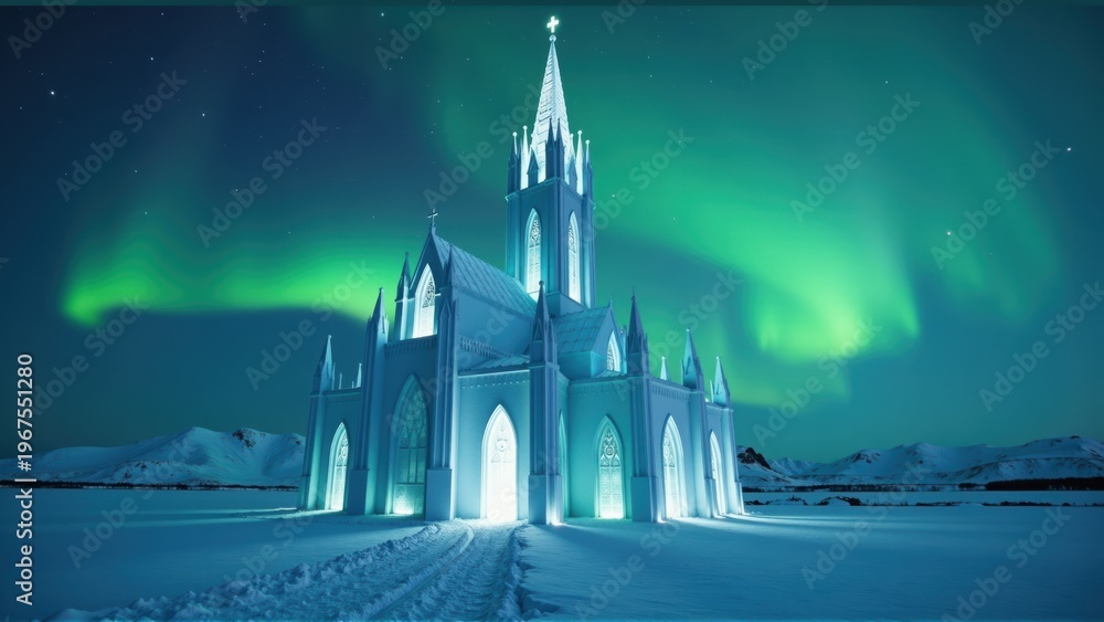 Naklejka premium White church under vibrant Northern Lights aurora borealis