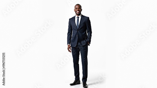 Portrait of Happy smiling African American businessman ceo wearing suit standing posing, Full body, isolated on white background. Arabic style. Muslim businessman.
