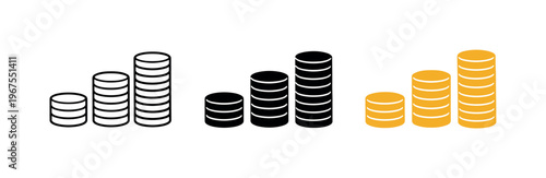 Analyzing household earnings involves stacked coin column symbols positioned side by side in a straight horizontal arrangement,