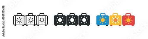 Holiday retreat outcome expressed through repeated suitcase with sun symbols placed horizontally, same luggage contour and
