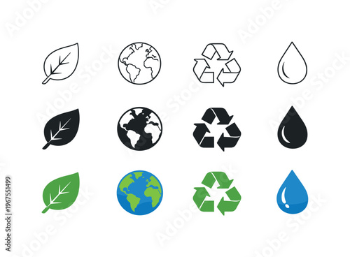 Leaf for nature, globe for global impact, recycle symbol for sustainability, and water drop for conservation. Compose a strict
