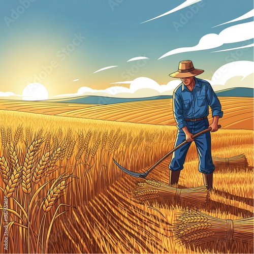 Farmer Harvesting Wheat with Scythe Tool.