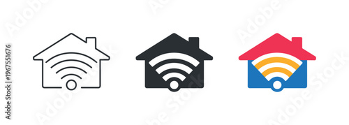 Connected living concept illustrated by matching house with wifi signal icons aligned horizontally with identical roofline shape