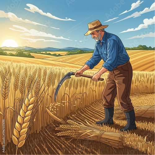 Farmer Harvesting Wheat with Sickle.