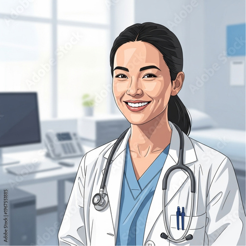 Female Doctor Wearing White Lab Coat Stethoscope.