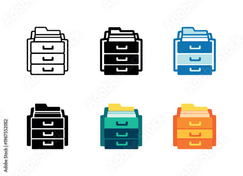 Symbol representing filing system, illustrated through a structured cabinet with multiple drawers slightly offset and a small