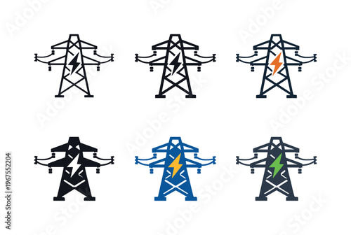 Symbol representing electric grid infrastructure, illustrated through a high voltage transmission tower with extended power lines