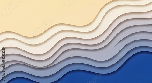 Abstract paper cut background with 3D layered blue and yellow wavy paper shapes