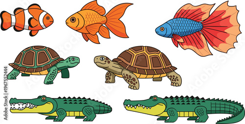 Aquatic and Reptile Animal Icon Set with Fish Turtle Crocodile and Sea Creatures for Wildlife Nature and Underwater Illustration Design