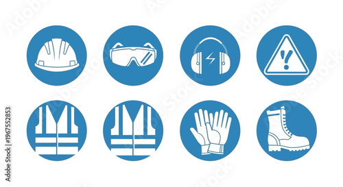 Basic Workplace Personal Protective Equipment and Safety Warning Icons on Isolated White Background