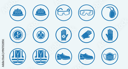 Extensive Set of Industrial Safety and Personal Protection Equipment Icons on Isolated White Background