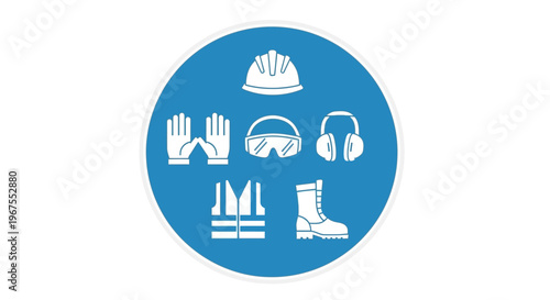 Circular Set of Blue Safety Icons for Personal Protective Equipment (PPE) in a Blue Circle, on a Light Gray Background.