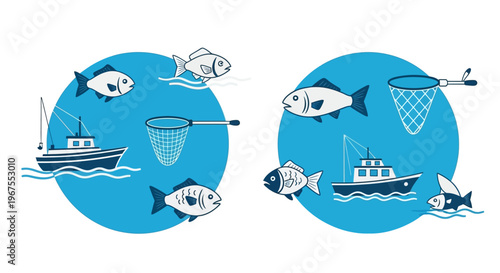 Fishing and Seafood Industry Icons Set with Fish, Fishing Boat, and Net in Blue Circles, Isolated White Background.