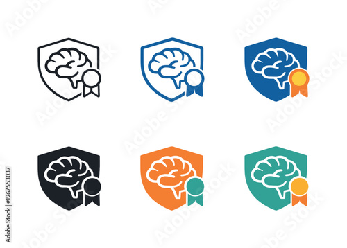 Brain Security Icons. Emblem communicating ownership safeguarding formed by a stylized brain contour combined with a barrier