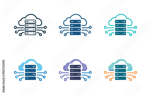 Symbol representing integrated virtual technology infrastructure, combining a central server stack silhouette with interconnected