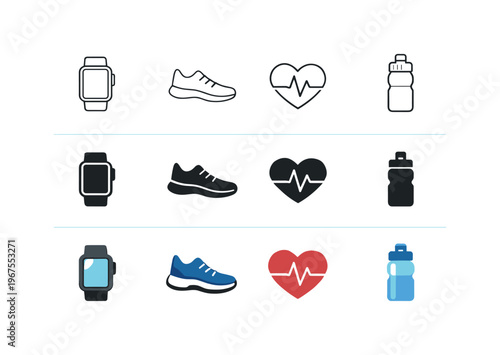 Icon object one for smartwatch, icon object two for running shoe, icon object three for heart rate, and icon object four for