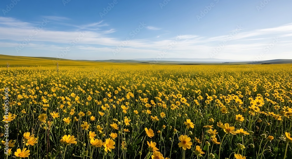 Fototapeta premium Vibrant yellow wildflowers in a lush green meadow under blue sky