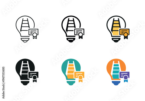 Concept illustrating personal study progression through an abstract ladder form merged with a lightbulb and a subtle certificate