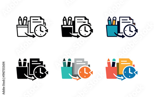 Visual metaphor for managerial support functions depicted as a desk organizer outline paired with a clock symbol and a subtle