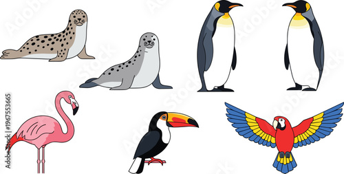 Bird and Marine Animal Icon Set with Penguin Flamingo Toucan Parrot Seal and Sea Lion Characters for Wildlife Nature Illustration Design
