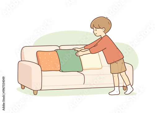 Gentle child arranges cushions slowly, adjusting corners and spacing to make the sofa look welcoming | scene of child arranging