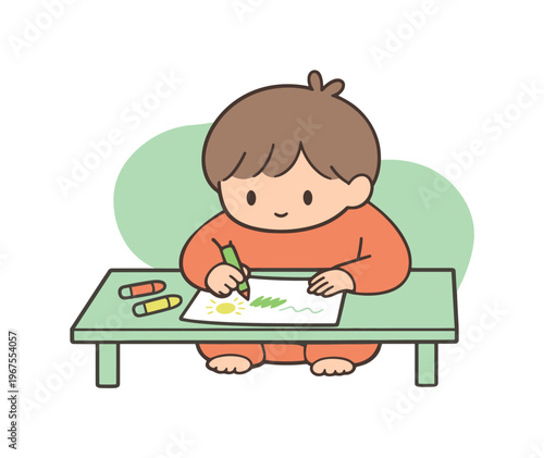 Warm child draws with crayons on paper at a low table as colors spread gently and the room stays calm during quiet playtime today