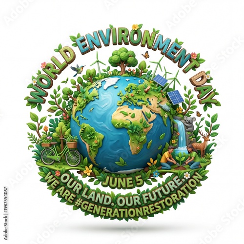  3D typography illustration for World Environment Day June 5 with Earth globe, animals, solar panel, wind turbine, and green nature elements.