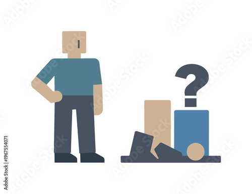 Individual standing beside a reduced challenge symbol composed of few essential forms, expressing grounded problem awareness.