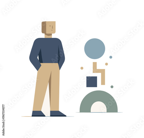 Simplicity in Form. Individual standing beside a reduced ordered symbol composed of few essential forms, expressing distilled