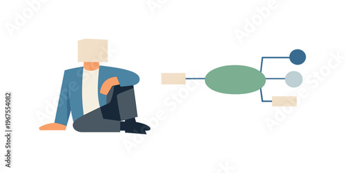 Individual resting beside a clearly organized work structure in open space, presenting mental mapping as a stable professional