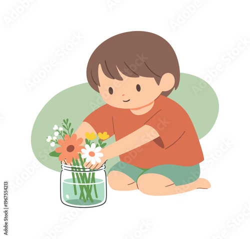 Gentle child finishes arranging flowers in a jar pressing stems down as water settles and balance returns to the scene | scene of