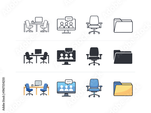 Desk for shared workspace, computer monitor for team coordination, office chair for collaborative comfort, and file folder for