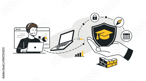 Modern minimal flat vector conceptual collage, crisp hard edges, consistent THIN outline stroke, rounded corners where needed,