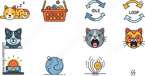 Cute Cat Emotion and UI Interaction Icon Set with Sleeping Angry Yawning Loop Idle Basket and Notification Elements for App Interface Design