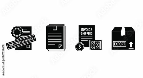 Customs Clearance Documents and Export Shipping Icons Set Black and White Vector