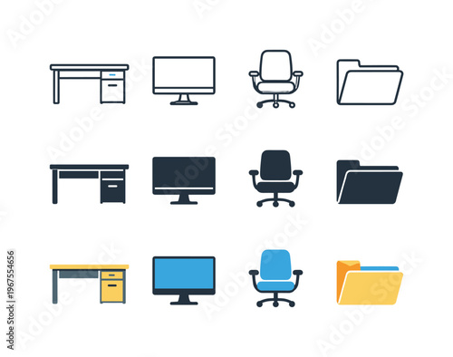 Desk for workspace, computer monitor for digital tasks, office chair for seating, and file folder for document management.