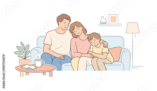 Family sharing quiet peaceful moment at home, seated comfortably in living space with soft body language and calm expressions,