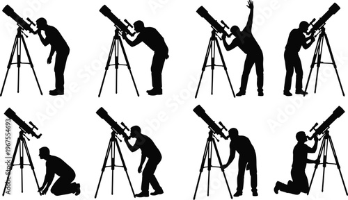 Astronomer silhouettes using telescope on tripod, stargazing observation poses set, black vector illustration isolated on white background design