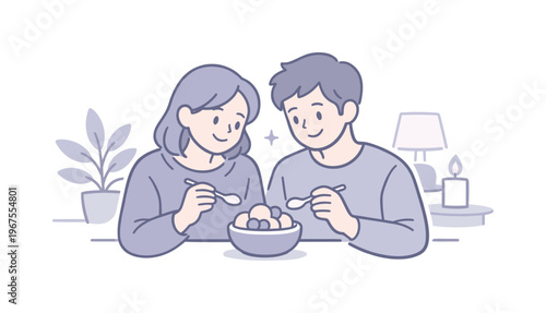 Lovers sharing sweet dessert at home in a calm evening setting, sitting side by side and holding small spoons, minimalist flat