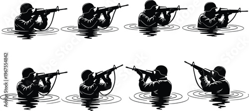 Military soldier silhouette aiming rifle in water, tactical combat pose set, black vector illustration isolated on white background design