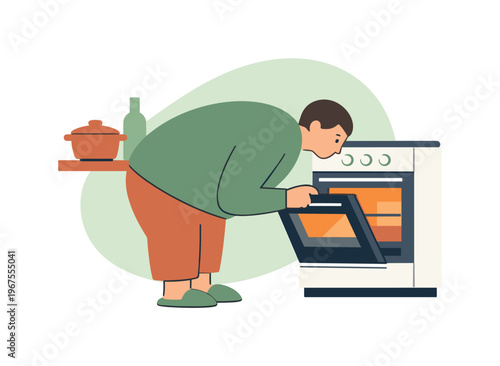 Quiet person checks the oven door, leaning slightly forward to peek inside while warm light glows softly within the kitchen