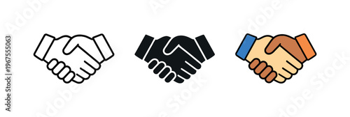 Collaborating begins with matching handshake icons positioned side by side, identical hand shapes and angles centered with equal