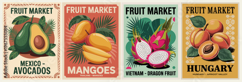 Vibrant fruit market posters celebrate tropical and regional produce. Avocados, mangoes, dragon fruit, and apricots fill bold, retro frames. Each design features fresh