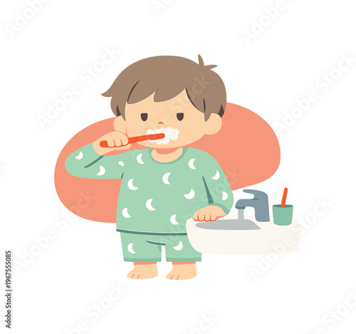 Child's Nightly Routine. Fresh child brushes teeth at sink before sleep as water runs softly and pajamas show a calm nightly