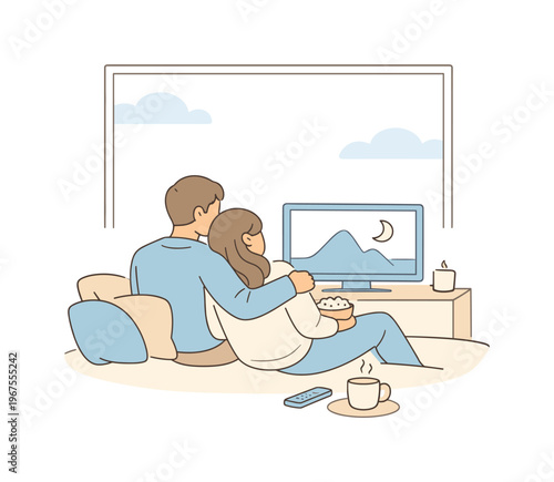 Couple watching movie home near a window, seated side by side and enjoying calm entertainment together, minimalist flat vector